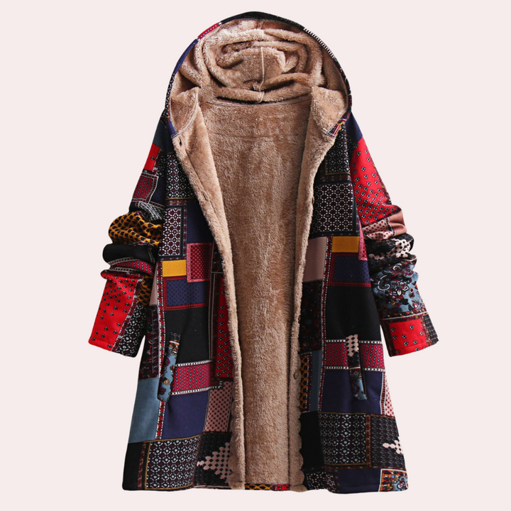 Bunter Patchwork-Mantel mit Kapuze, Fleece-Innenfutter, Damenmode, Winterkleidung.