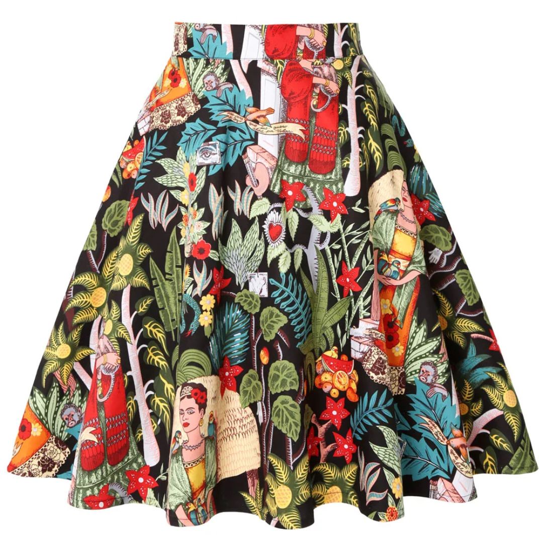 Bunter Rock mit Frida Kahlo Motiv, Blumenmuster, A-Linie, Baumwolle, Damenmode, Vintage-Stil.