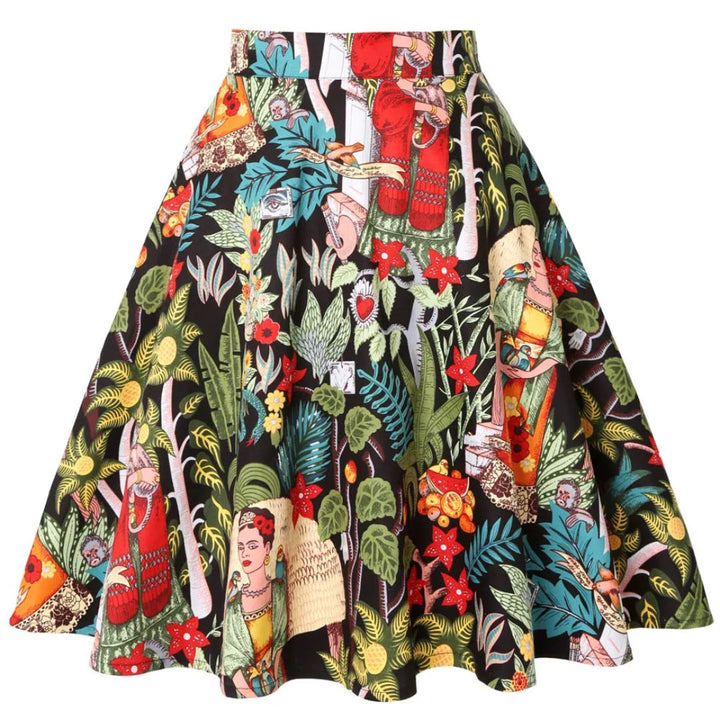 Bunter Rock mit Frida Kahlo Motiv, Blumenmuster, A-Linie, Baumwolle, Damenmode, Vintage-Stil.