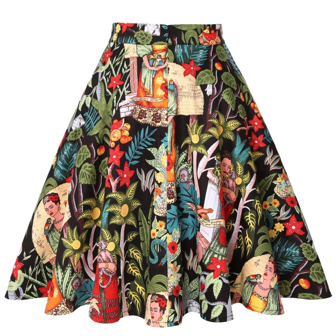 Bunter Rock mit Frida Kahlo-Muster, A-Linie, Baumwolle, Damenmode, Vintage-Stil.