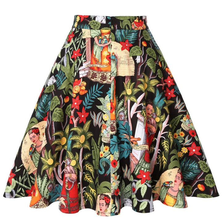 Bunter Rock mit Frida Kahlo-Muster, A-Linie, Baumwolle, Damenmode, Vintage-Stil.