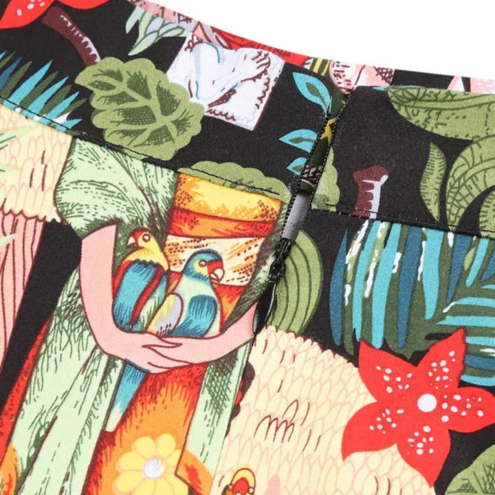 Bunter Rock mit Papageien- und Blumenmuster, Damenmode, Baumwolle, farbenfroh, tropisches Design.