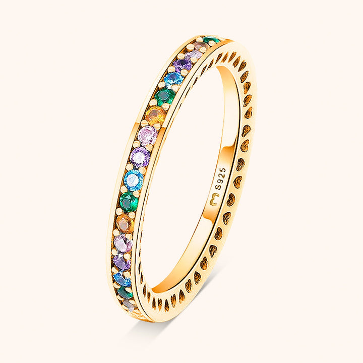Goldener Damenring mit bunten Edelsteinen, 925er Silber, elegantes Schmuckdesign.