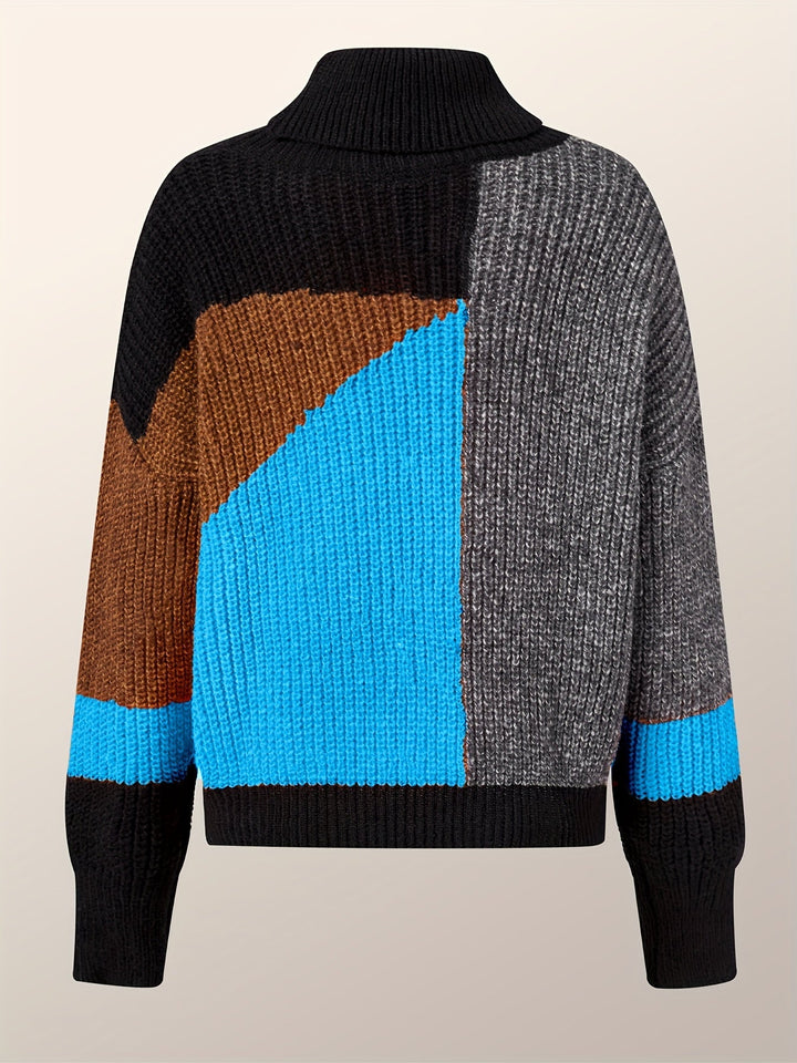 Bunter Strickpullover mit Rollkragen, geometrisches Muster, Blau, Braun, Grau, Schwarz.