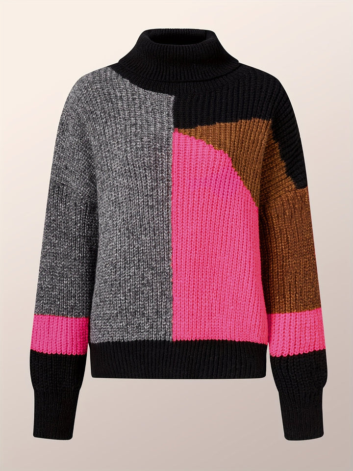 Damenpullover, mehrfarbig, Strick, Rollkragen, geometrisches Muster, modisch, warm.