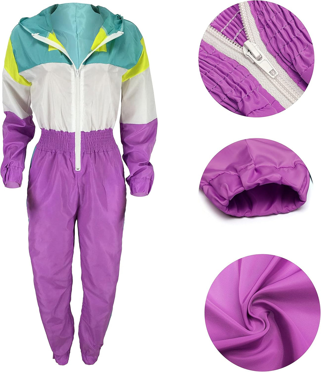Lila Retro-Trainingsanzug, Damen, 80er Jahre, Nylon, Kapuze, Reißverschluss, Vintage-Mode
