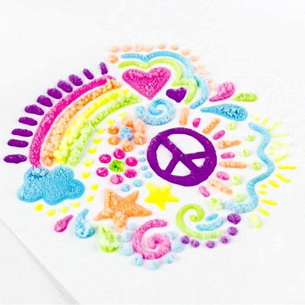 Buntes 3D-Puff-Sticker-Design mit Regenbogen, Herz, Friedenszeichen und Sternen auf weißem Hintergrund.