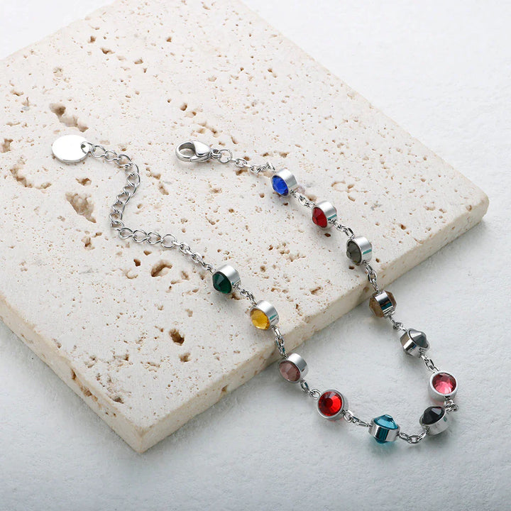 Armband mit bunten Kristallen, silberne Kette, Damen-Schmuck, modisch, elegant, Geschenkidee.