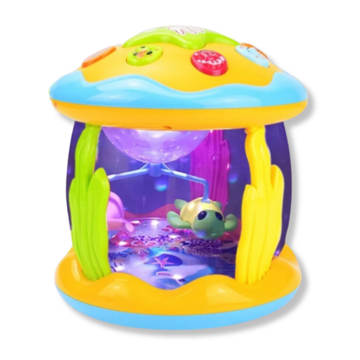 Buntes Babyspielzeug mit Lichtern, Musik, Schildkrötenmotiv, Kunststoff, interaktiv, rund.