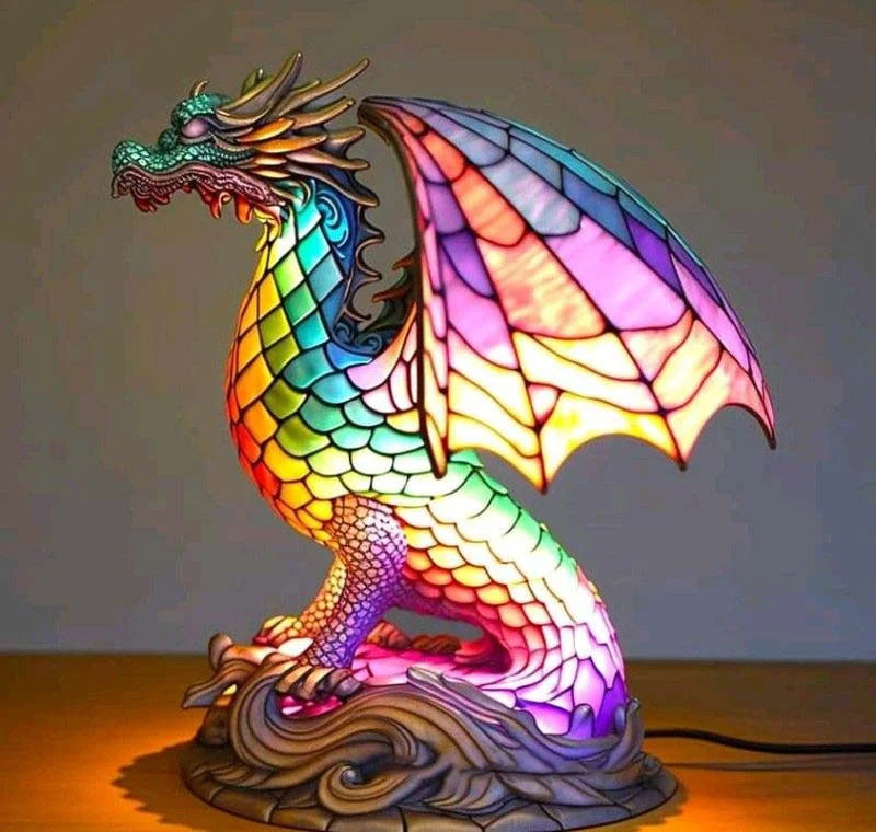 Bunte Drachenlampe aus Glas, LED, dekorativ, Tischleuchte, farbenfrohes Design, Wohnkultur.