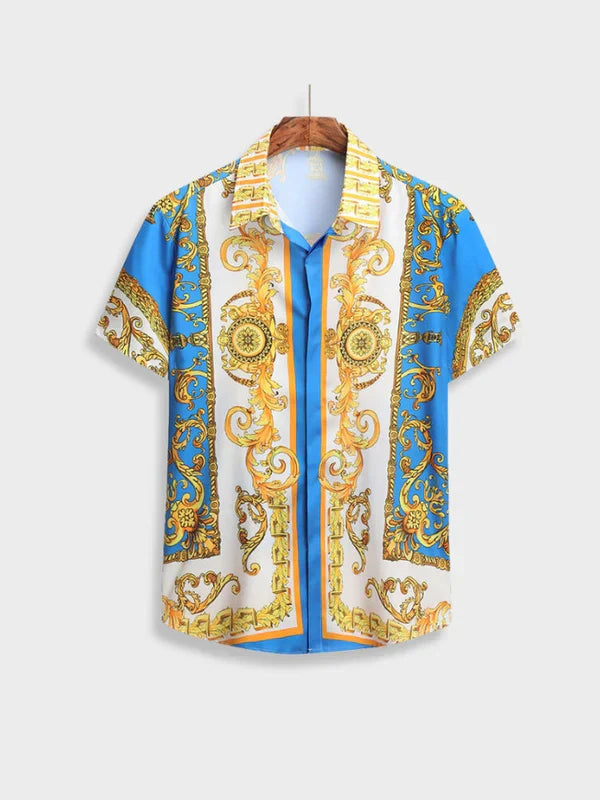 Kurzarmhemd Herren, blau-goldenes Barockmuster, Sommermode, Freizeit, Baumwolle.
