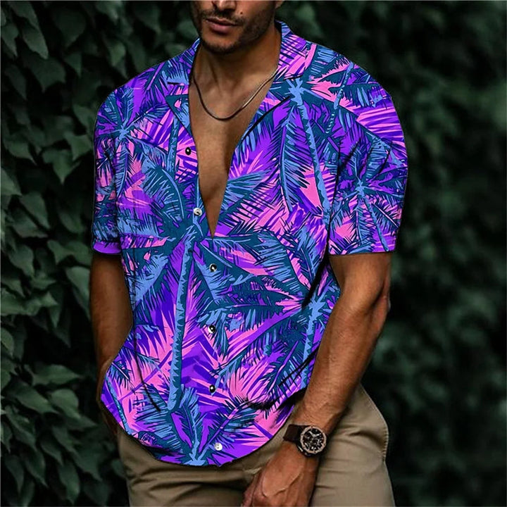 Männerhemd mit tropischem Muster, lila-blau, kurzärmelig, Freizeitmode, Sommerlook.