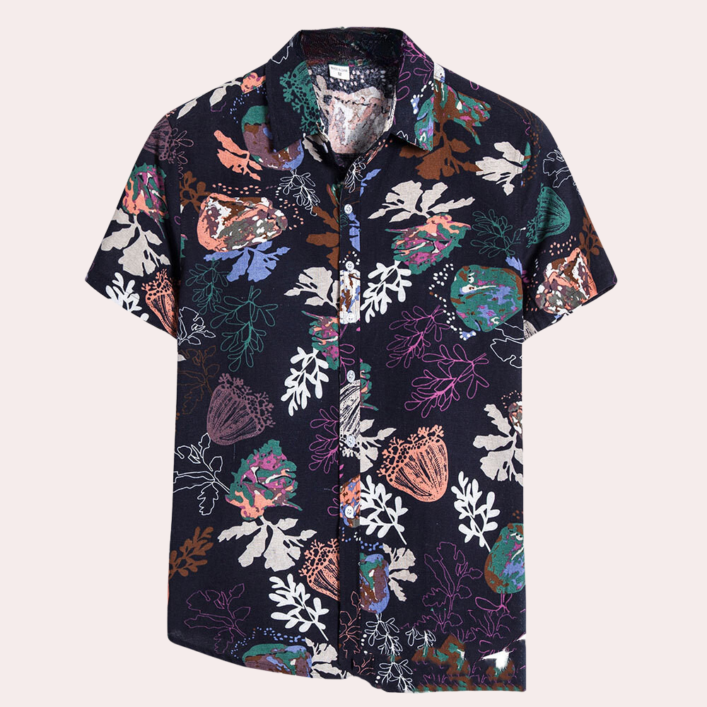 Kurzarmhemd mit buntem Blumenmuster auf schwarzem Hintergrund, ideal für Sommermode.