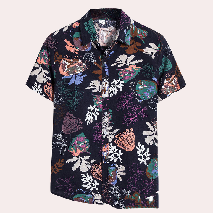 Kurzarmhemd mit buntem Blumenmuster auf schwarzem Hintergrund, ideal für Sommermode.