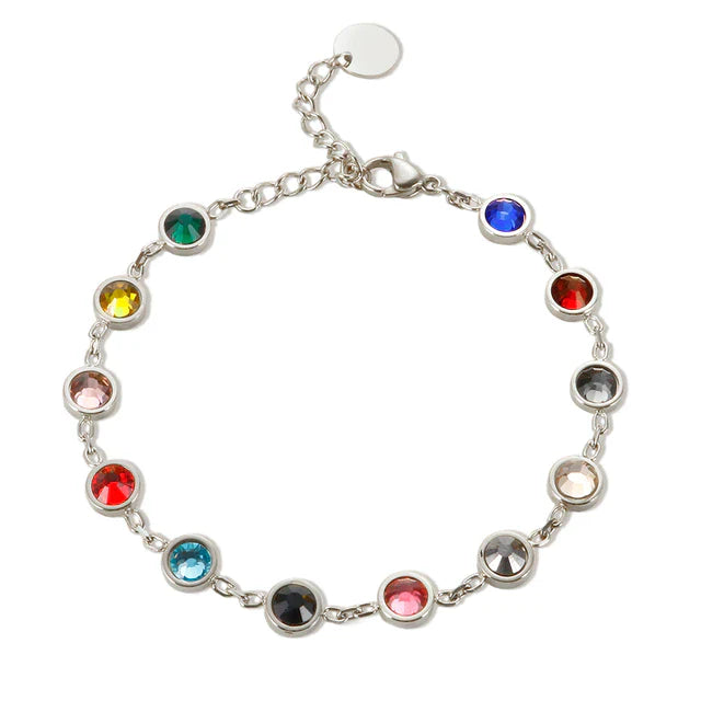 Armband mit bunten Kristallen, silberfarben, verstellbar, modisches Schmuckstück für Damen.