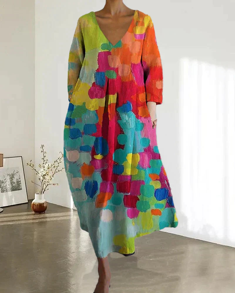 Buntes Damenkleid mit V-Ausschnitt, abstraktes Muster, lang, lässig, Baumwolle, Frühling.