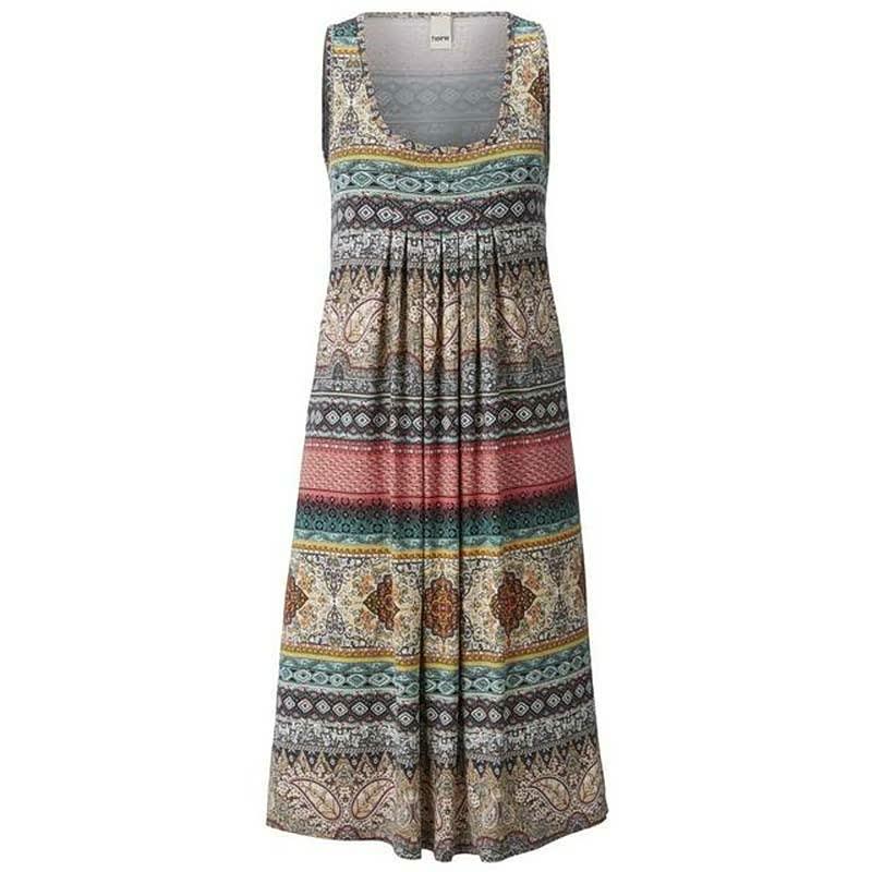 Ärmelloses Damen-Sommerkleid, bunt gemustert, knielang, aus Baumwolle.