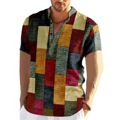 Männerhemd mit buntem Patchwork-Design, kurzärmelig, V-Ausschnitt, lässig, Baumwolle.