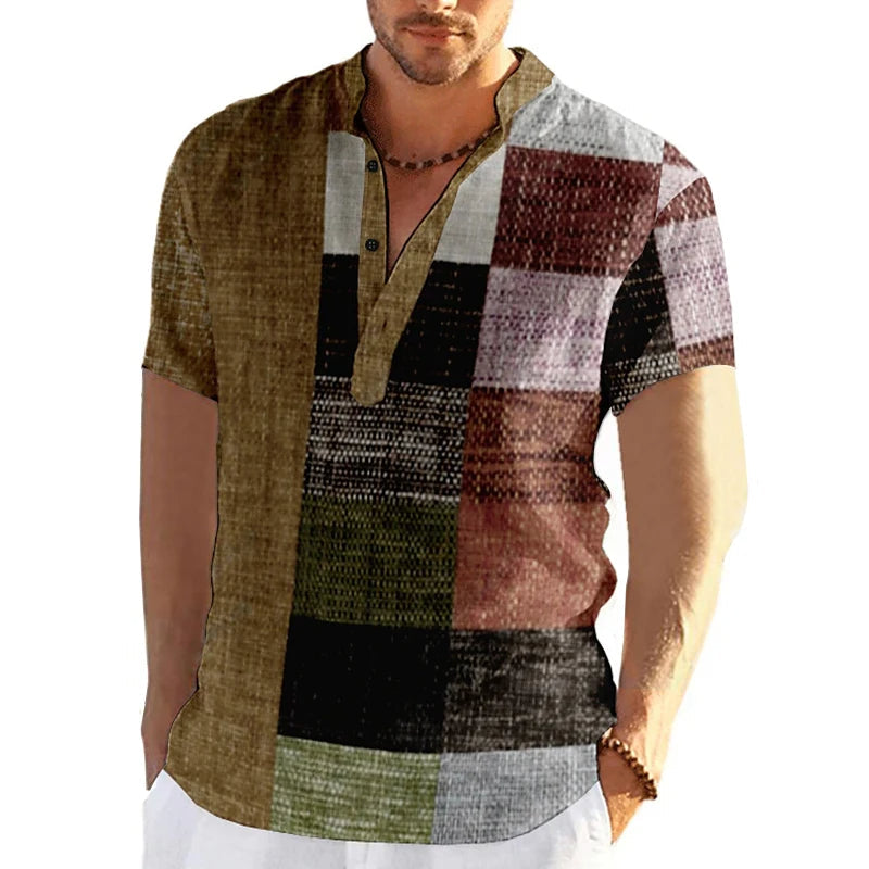Herrenhemd mit Patchwork-Design, kurzärmelig, V-Ausschnitt, mehrfarbig, lässig.