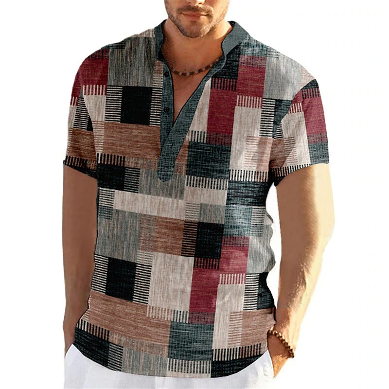 Herrenhemd mit Patchwork-Muster, kurzärmelig, V-Ausschnitt, mehrfarbig, lässig.