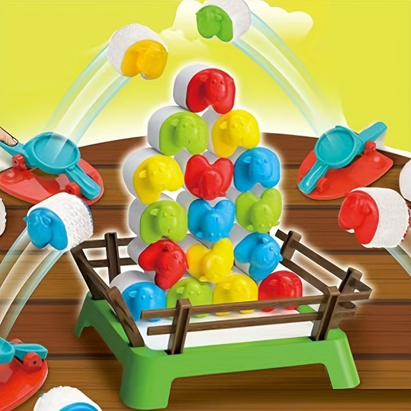 Buntes Kinderspielzeug, stapelbare Schafe, Kunststoff, Lernspiel, Geschicklichkeitsspiel.