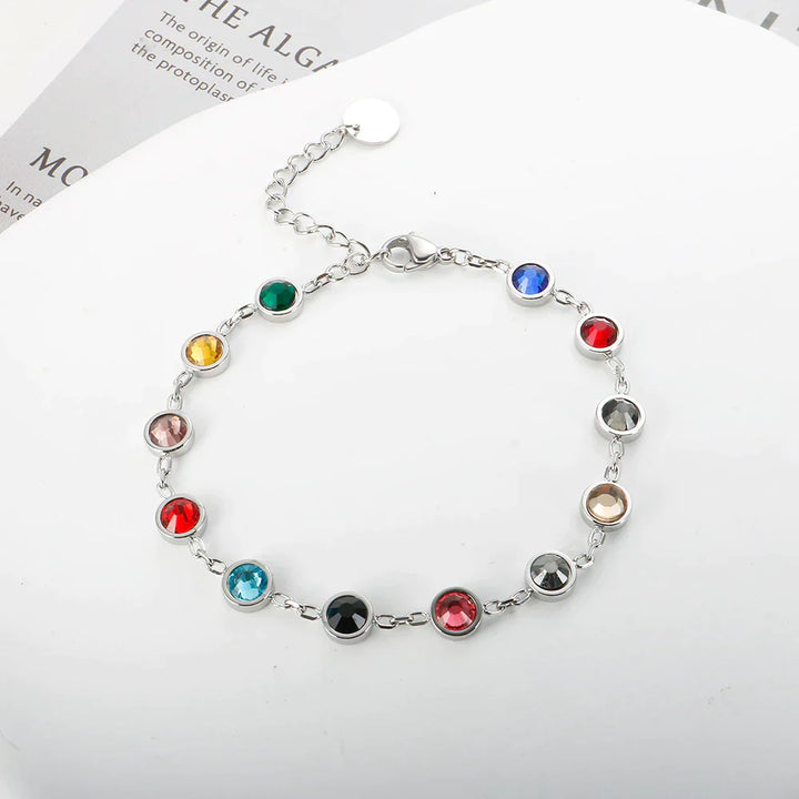 Armband mit bunten Kristallen, silber, verstellbar, modisches Schmuckstück, Damenaccessoire.
