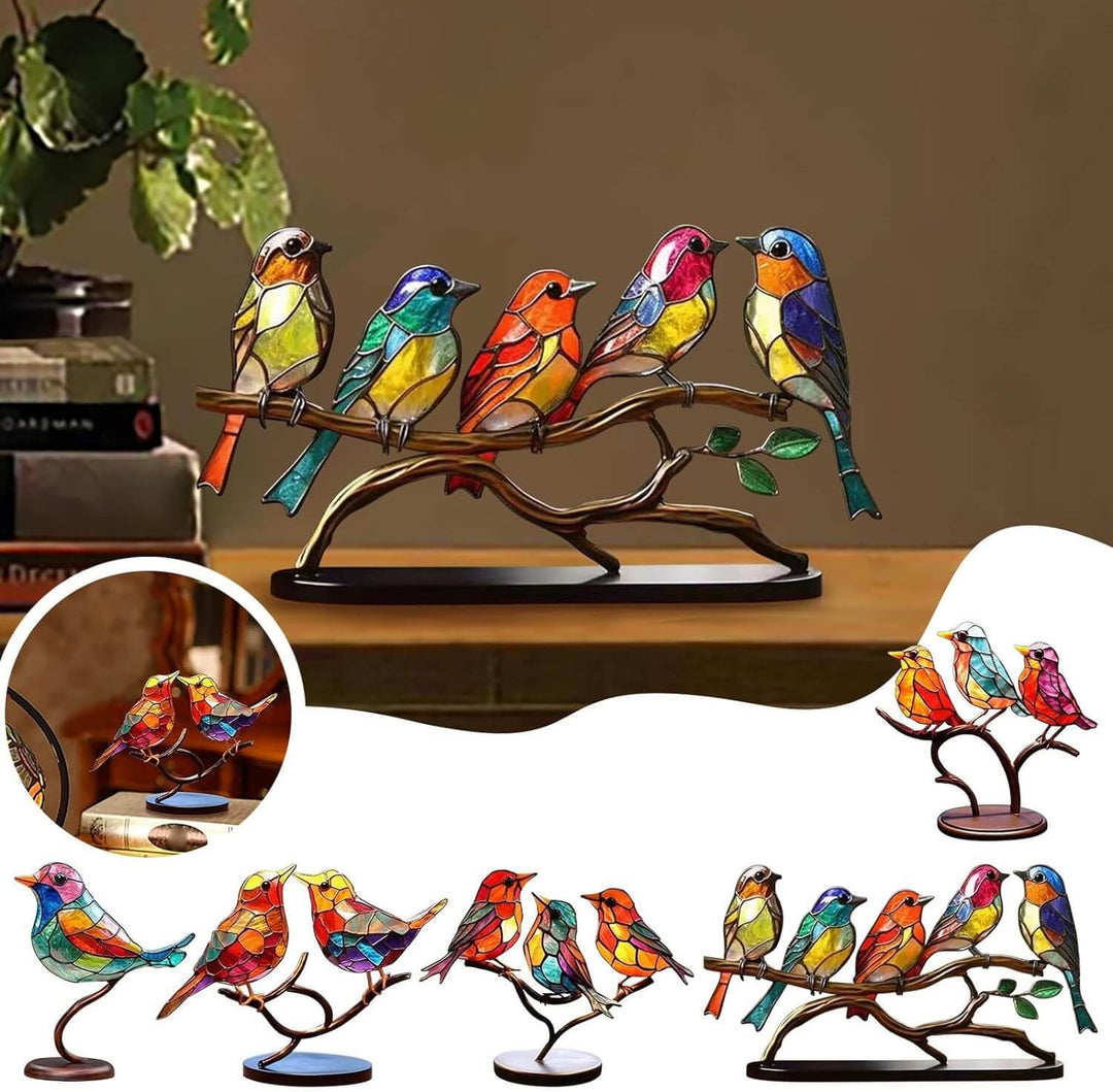Bunte Glasvögel auf Ast, dekorative Skulptur, handgefertigt, Wohnzimmerdekoration.