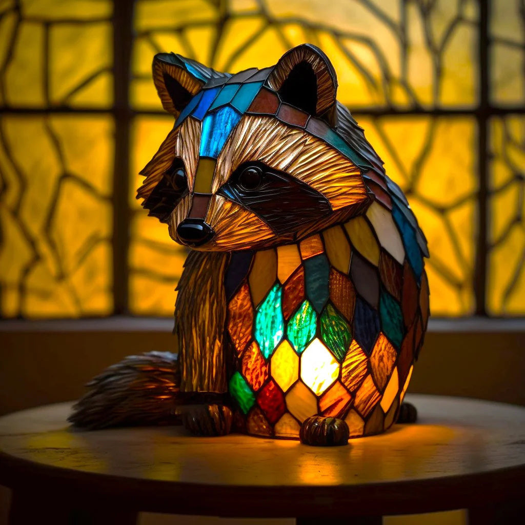 Buntes Tiffany-Glas Waschbär-Lampe, dekorative Tischleuchte, Tiermotiv, Wohnzimmerbeleuchtung.