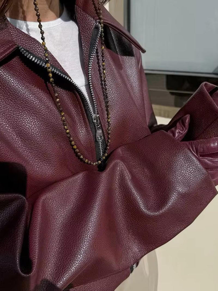Bordeaux červená kožená dámská bunda s zipem – Alessia