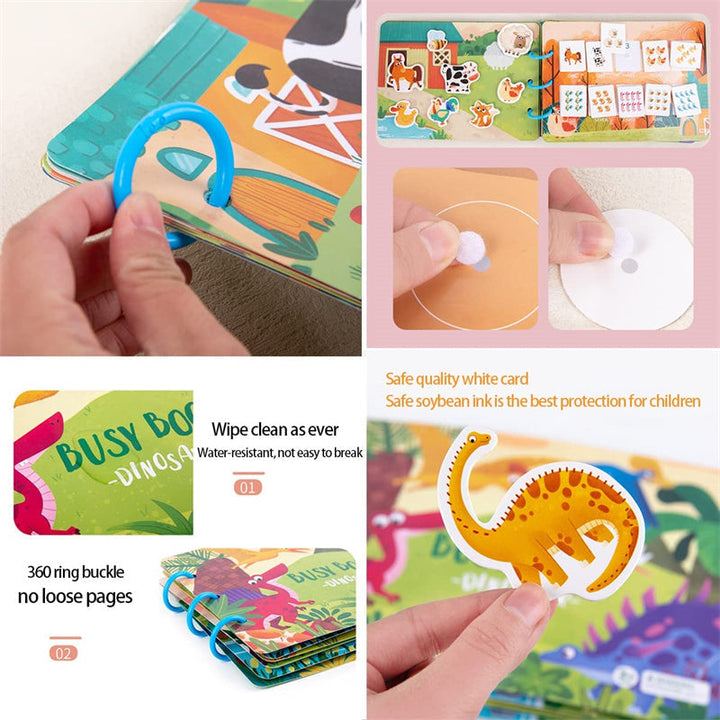 Lernspielzeug Dinosaurier-Buch für Kinder, wasserfest, abwischbar, mit 360-Grad-Ringbindung.