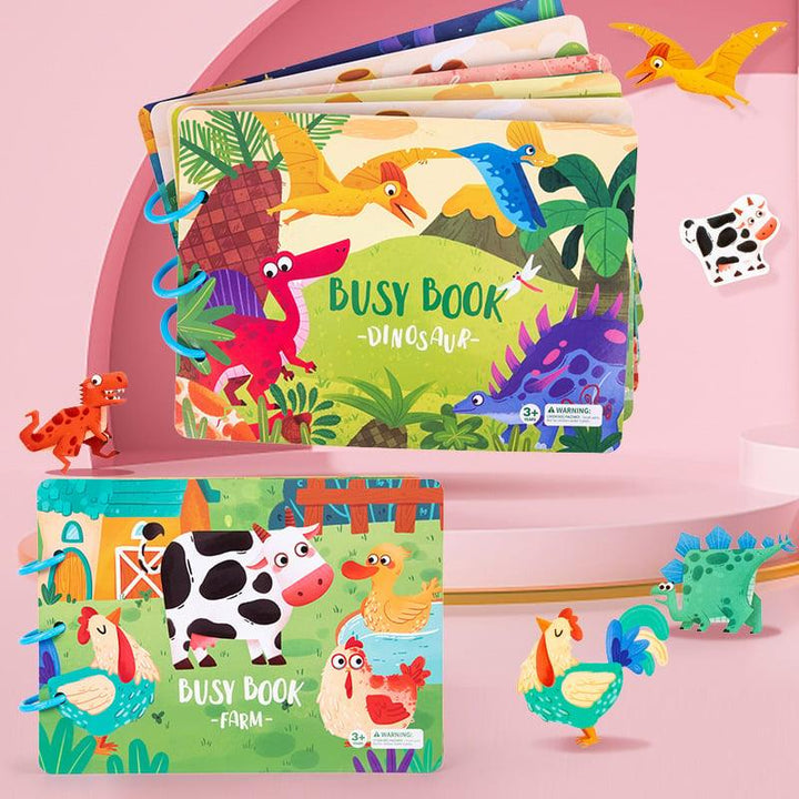 Buntes Busy Book für Kinder, Dinosaurier- und Bauernhof-Themen, Lernspielzeug, Pappbuch.