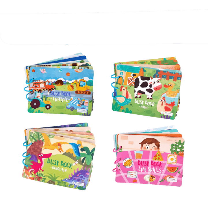 Vier bunte Busy Books für Kinder, Themen: Verkehr, Bauernhof, Dinosaurier, Lebenskompetenzen.