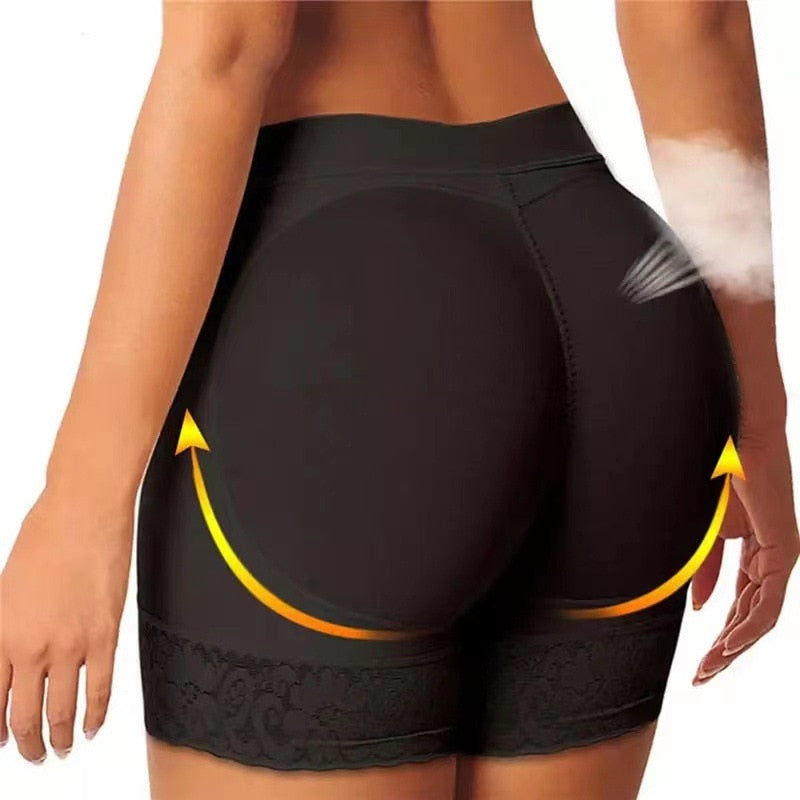 Damen Push-Up Shapewear Shorts, schwarz, nahtlos, figurformend, mit Spitzenbesatz.