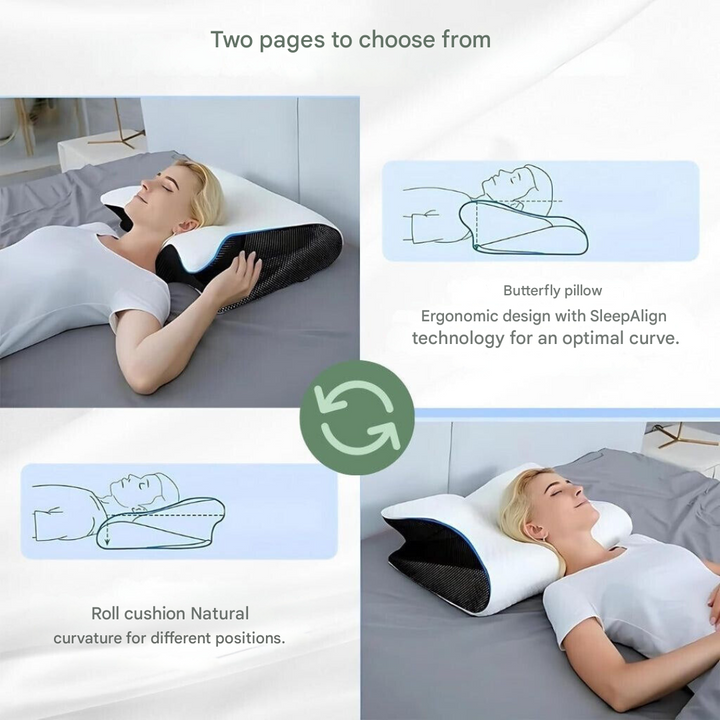 Frau auf ergonomischem Schmetterlingskissen, weißes T-Shirt, Schlafausrichtung, Nackenkissen.