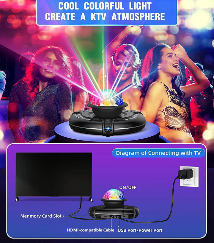 Schwarzer LED-Projektor mit bunten Lichteffekten, ideal für KTV-Atmosphäre, USB-Anschluss.