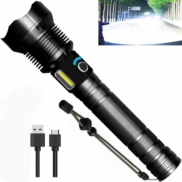 Schwarze LED-Taschenlampe mit USB-Ladekabel, leistungsstark, wiederaufladbar, Outdoor-Einsatz.