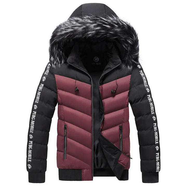 Schwarze und rote Winterjacke mit Kunstfellkapuze, PUBG MOBILE-Logo, Herrenmode.
