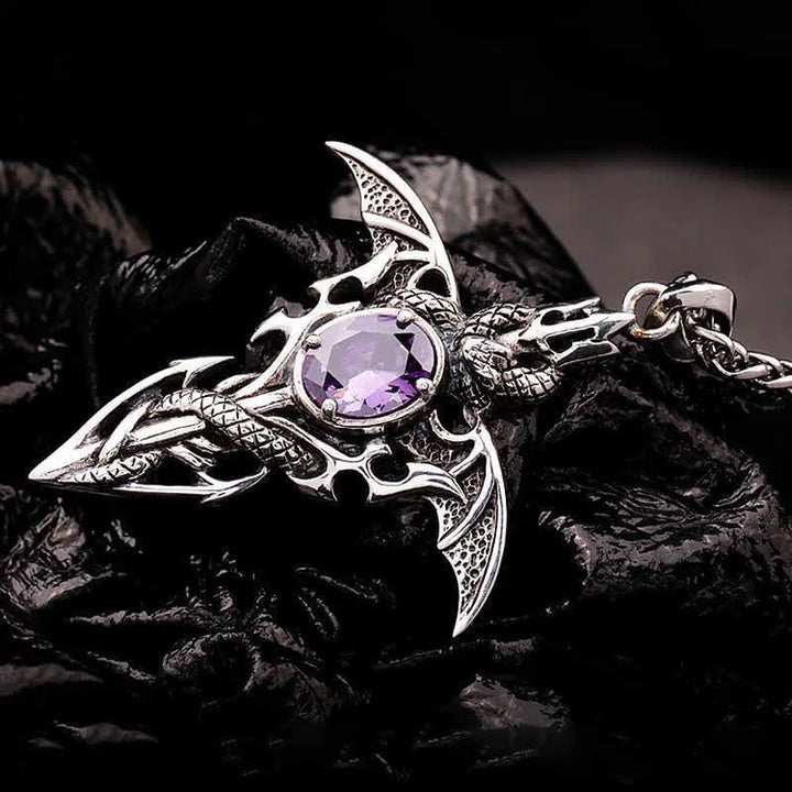 Silberner Drachenanhänger mit lila Kristall, gotischer Schmuck, Edelstahl, Unisex-Halskette.