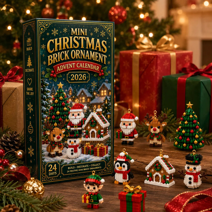 Krabice kalendáře mezi dárky pod stromkem, před ní stojí Santa, sob, stromek, tučňák, perníková chaloupka, sněhulák, skřítek a dárek z kostek. 4