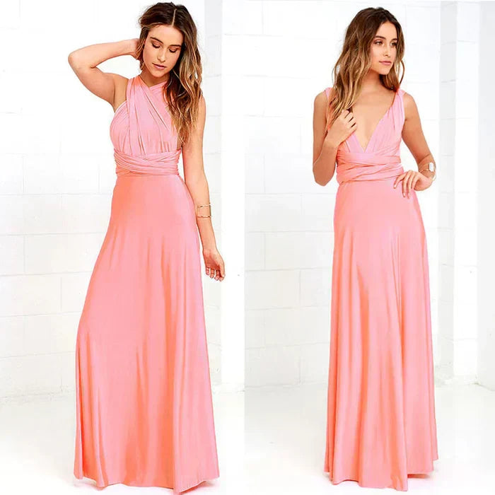 Zweifach tragbares, langes, rosa Abendkleid aus fließendem Stoff für Damenmode.