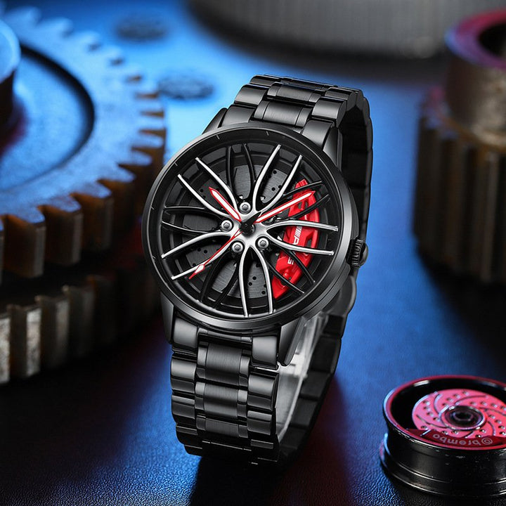 Schwarze Edelstahl-Autofelgen-Uhr mit rotem Zifferblatt, sportliches Design, Herrenarmbanduhr.