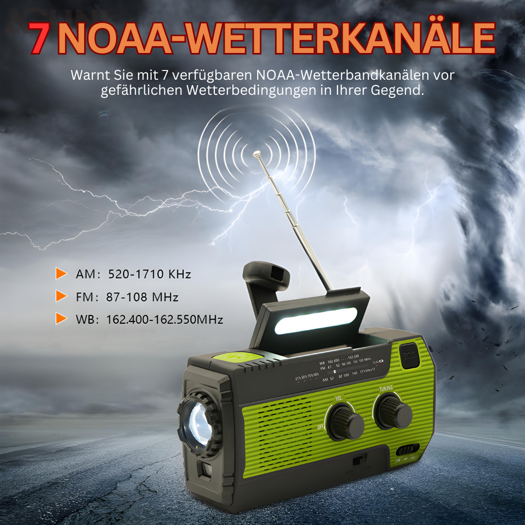Grünes tragbares Notfallradio mit Taschenlampe und Antenne, empfängt 7 NOAA-Wetterkanäle.