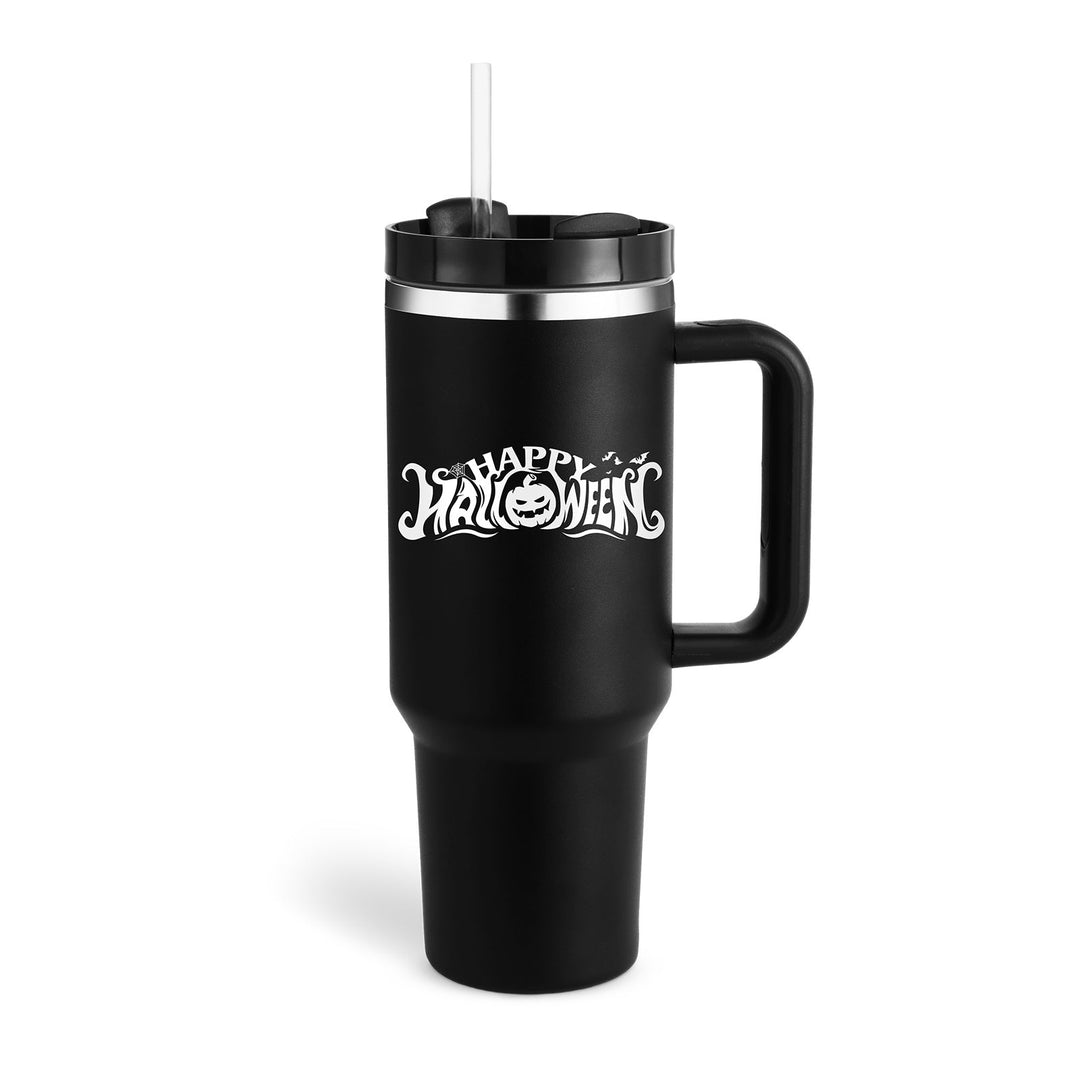 Schwarzer Halloween-Thermobecher mit Strohhalm, Kürbis-Design, 1 Liter, Edelstahl.