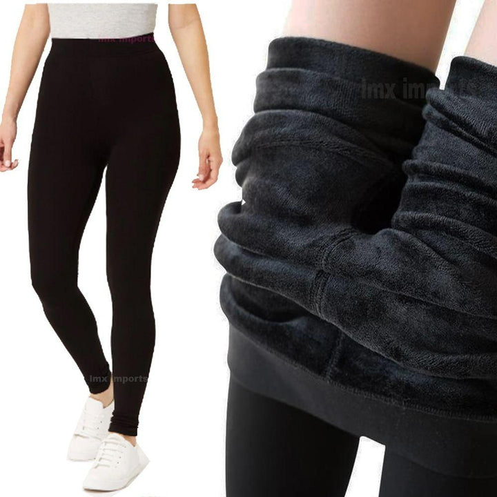 Schwarze Thermo-Leggings für Damen, gefüttert, warm, ideal für kaltes Wetter, Wintermode.