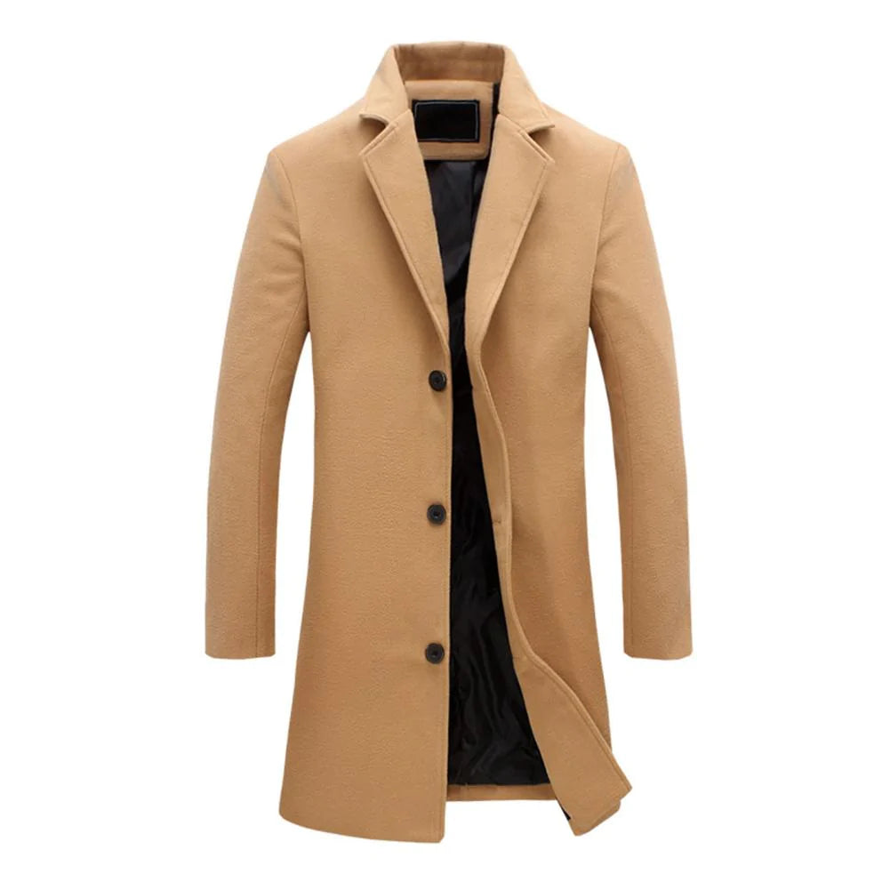 Langer Herren-Wollmantel, beige, eleganter Wintermantel, klassischer Stil, Knopfverschluss.