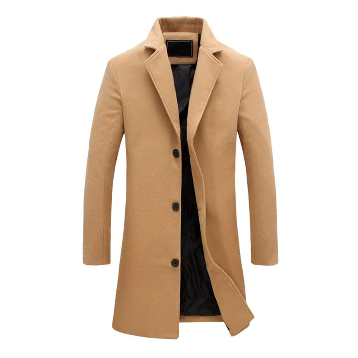 Langer Herren-Wollmantel, beige, eleganter Wintermantel, klassischer Stil, Knopfverschluss.