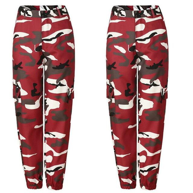 Rote Camouflage-Cargohose, Damen, Baumwolle, Taschen, modisch, Streetwear, Freizeitkleidung.