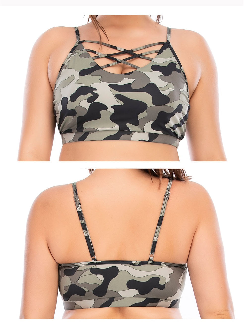 Damen Sport-BH Camouflage Muster, Kreuzträger, Fitness, Yoga, atmungsaktiv, bequem.