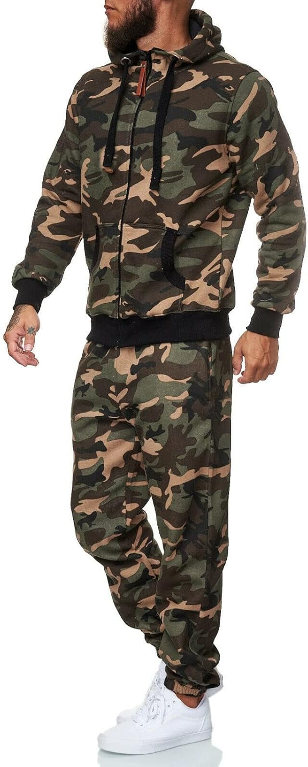 Männer-Camouflage-Trainingsanzug, Kapuzenjacke und Jogginghose, grün-braun, sportlich, bequem.