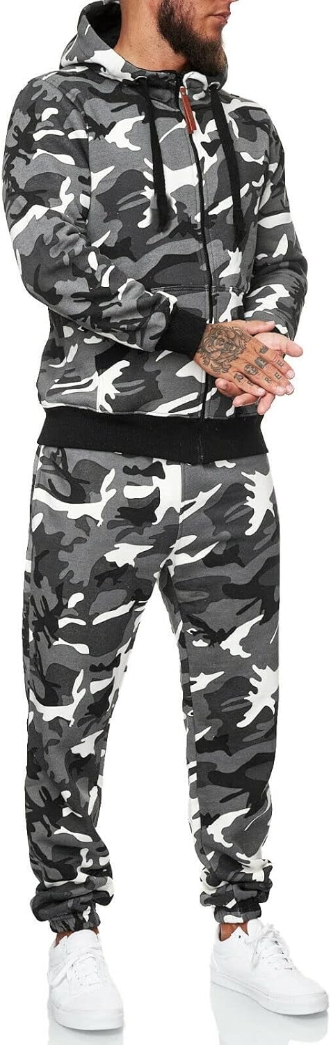 Herren Jogginganzug Camouflage, Kapuzenpullover und Jogginghose, Grau-Schwarz, Sportbekleidung